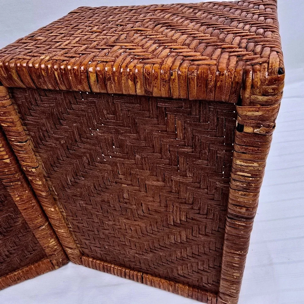 Set of 2 Woven Wicker Storage Baskets Brown Chevron Sloped‎ Farmhouse Organizer